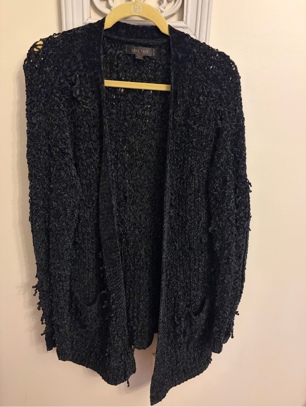 Love Tree Black Bouclé Open-Front Cardigan with Pockets